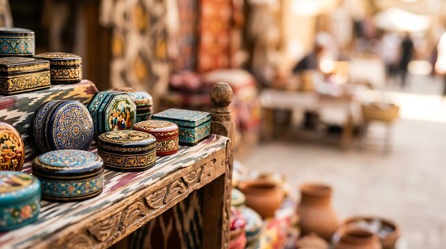 Traditional handcrafted boxes at an outdoor oriental bazaar market