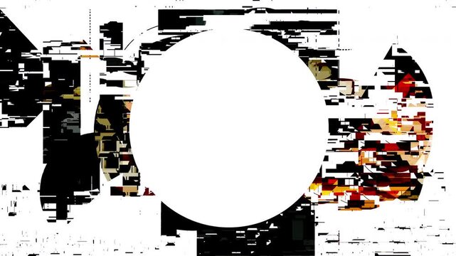中央に大きな丸いコピースペースがある幾何学的グリッチアート抽象背景。黒と赤の破損したピクセルブロック、モダンなデジタルアニメーションパターン。