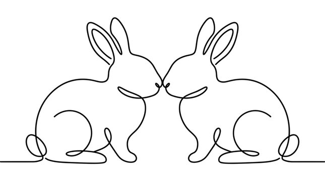 Two minimalist line art rabbits facing each other on transparent background
