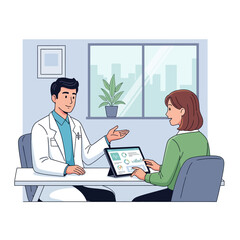 Fototapeta premium Doctor Showing Patient Health Data On Tablet Screen In Modern Clinic Consultation Room