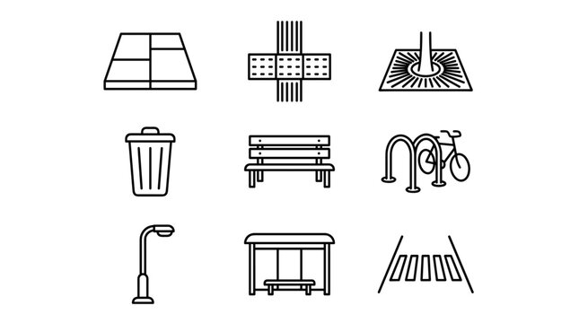 Minimalist line icons of urban elements on transparent background with set nine minimalist