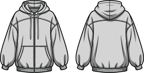 Technical fashion illustration of a gray zip up hoodie front and back views © Mst
