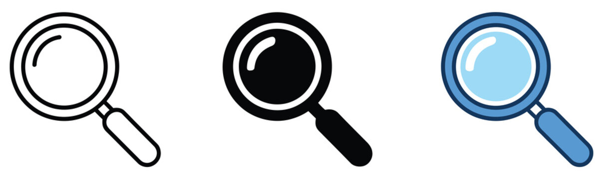 Three Magnifying Glass Vector Icons Showing Search Tool, Zoom Lens, Find Symbol, Inspection, and Outline, Filled, Minimal Styles