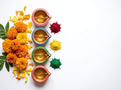 Top-down flat-lay of a minimalist Diwali still life with marigold petals and terracotta diyas with colorful rangoli colors on pure white background