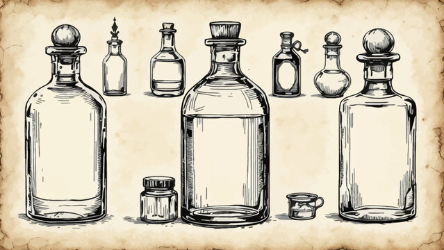 Vintage Hand-Drawn Glass Bottles Collection Sketch of various empty vials and containers with corks and stoppers on textured background, ideal for retro graphic design