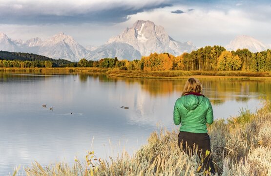 Young woman looking over autumn landscape, Mount Moran reflected in Snake River, morning mood at Oxbow Bend, autumn trees and Grand Teton Range, Grand Teton National Park, Wyoming, USA