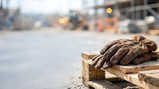 Protective leather work gloves resting on a wooden pallet with a blurred industrial construction site background