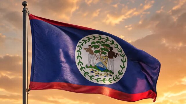 Belize - Waving flag during sunset or sunrise (cinematic atmosphere)