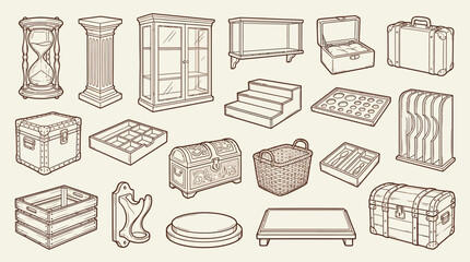 Collection of vintage furniture and storage items, including chests, cabinets, and display stands, rendered in a line art style. © KN collection