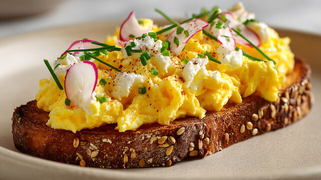 Delicious toasted bread topped with fluffy scrambled eggs sprinkled with radishes chives and creamy cheese for a gourmet breakfast or brunch idea