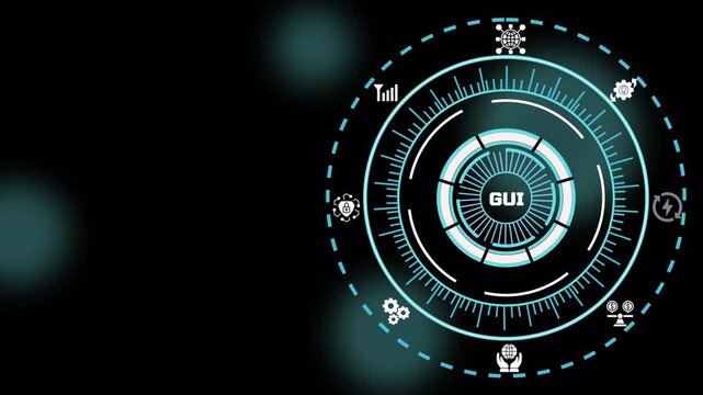 Graphical User Interface GUI concept featuring futuristic dashboard, interactive controls, digital applications, software usability and modern technology design.