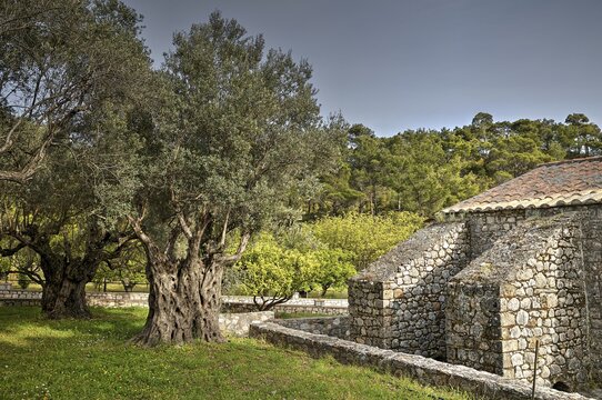 HDR, partial view of a stone church with surrounding trees and nature, Monastery Thari, Moni Thari, near Gadouras Reservoir, lonely mountain region, Rhodes, Dodecanese, Greek Islands, Greece