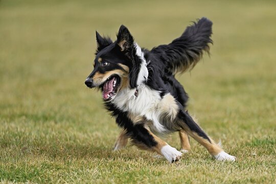 Mixed breed dog between Border Collie and Australian Shepherd jumps across meadow, Switzerland