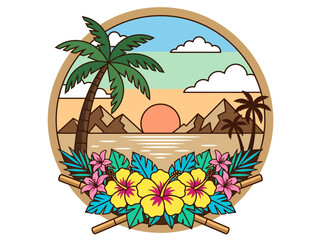 Tropical Beach Sunset Badge Vector with Hibiscus and Palm Trees © Lala