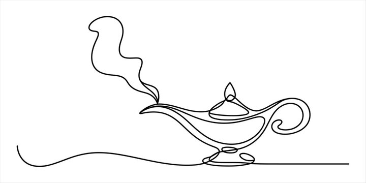 Magic genie lamp with flowing smoke drawn in a single continuous line style