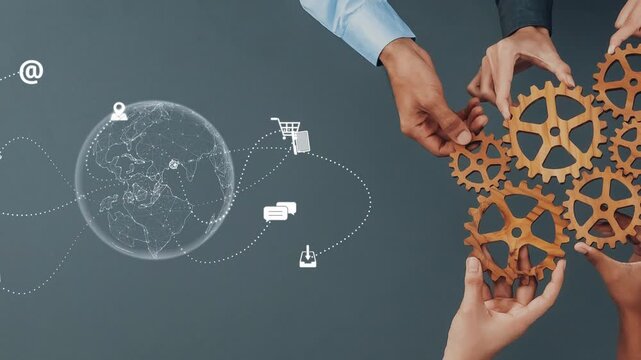 Two hands work together amidst a digital globe and tech icons, symbolizing global communication and innovation, ideal for illustrating teamwork and e-commerce concepts. Raster