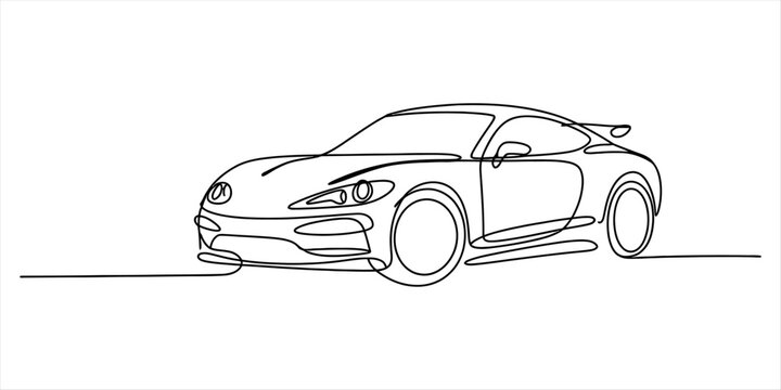 Continuous single line drawing of a fast sports car showing the sleek silhouette and aerodynamic shape of a modern vehicle in a simple artistic style