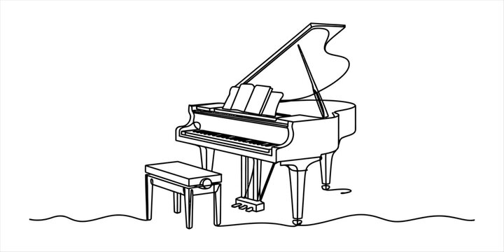 Continuous single line drawing of a grand piano and bench with musical instrument design for simple black and white home decor and artistic print ideas