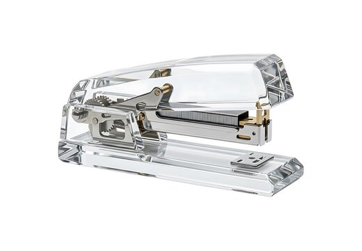 Modern clear plastic stapler with metal parts for office work isolated on white background