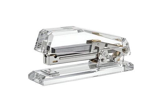 Clear plastic office stapler with metal mechanism isolated on white background