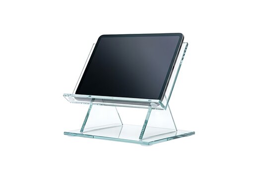 Modern tablet computer sitting on a clear acrylic stand for desk organization isolated on white background