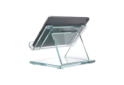 Tablet computer resting on a modern metal folding stand for desk work isolated on white background