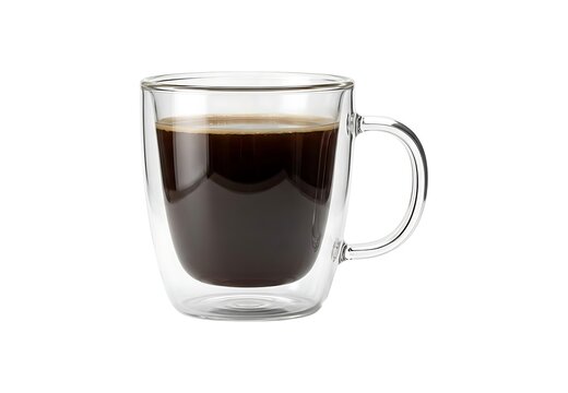 Clear glass mug filled with fresh hot black coffee isolated on white background
