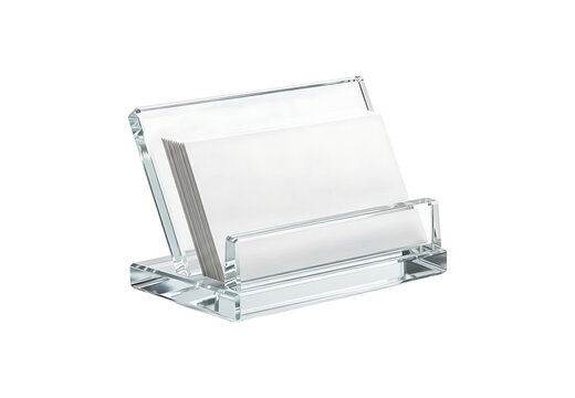 Clear acrylic business card holder with a stack of blank white cards isolated on white background