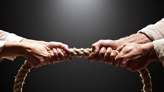 Two people hands pulling rope in tug of war.