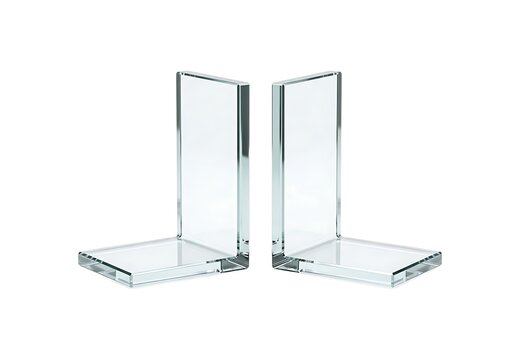 Pair of clear glass bookends standing on a flat surface isolated on white background