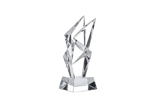 Modern clear crystal glass trophy award with geometric abstract design isolated on white background