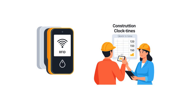 Construction Workers Using RFID Device for Digital Time Tracking and Site Attendance Management