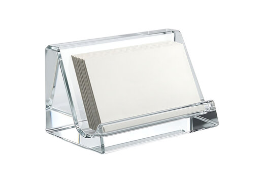 Clear acrylic business card holder stand for desk isolated on white background