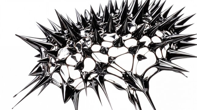 Black magnetic ferrofluid reacting in sharp spikes isolated on pure white background macro render