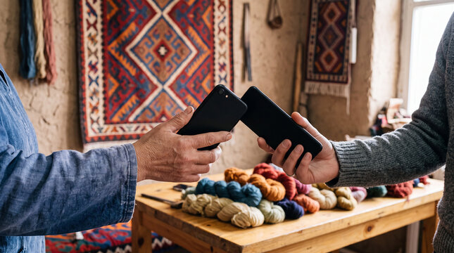 Close-up of a mobile contactless payment transaction via unbranded smartphones in a traditional Central Asian textile craft workshop, financial inclusion concept.