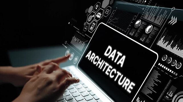 Hands Typing on Laptop with Data Architecture Concept and Digital Graphics in Dark Environment. Asymptotic smart data analytic.