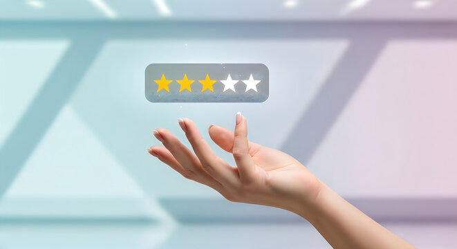 Human hand offering three golden stars as a symbol of high quality and excellent service rating