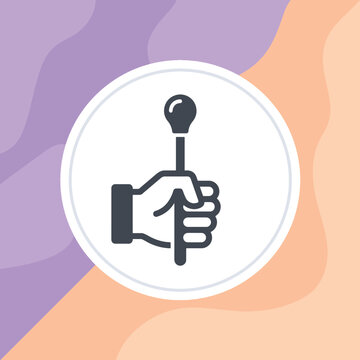 Stylized hand holding a gear stick or lever icon in a white circle