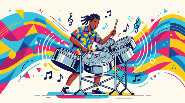 Vibrant illustration of a smiling man with dreadlocks playing Caribbean steel drums