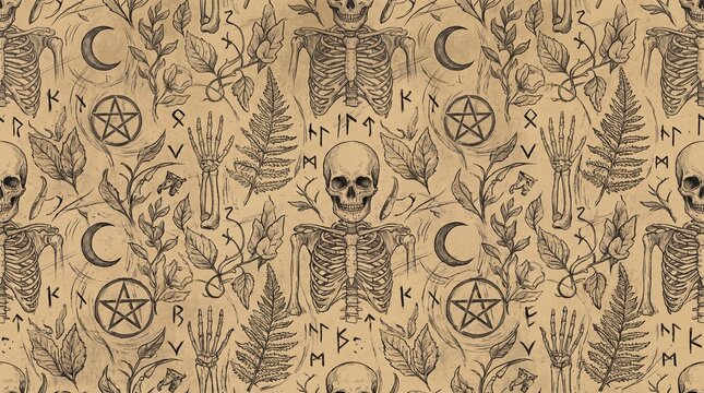 Seamless pattern background of vintage ink skeletons pentagrams and runes on sepia parchment