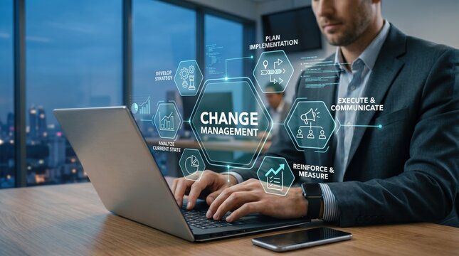 Businessman working on laptop with holographic change management strategy diagram overlay, illustrating corporate planning, implementation, communication and execution processes...