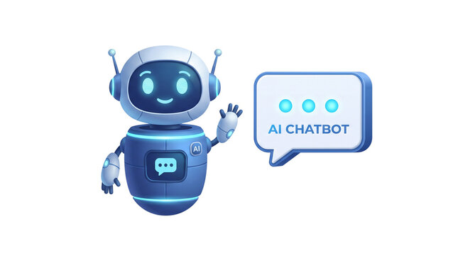 Futuristic AI chatbot character with glowing blue eyes, friendly robot assistant waving hello, 3D digital artificial intelligence bot on white background