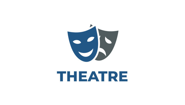 Theatre logo featuring dark blue comedy mask and grey tragedy mask over the word theatre on white background.