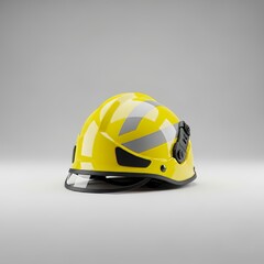 Fototapeta premium Professional yellow rescue helmet with silver reflective stripes presented in an elegant isolated setup, representing durable safety equipment, metallic, shine, impact