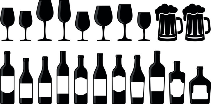 Vector collection of black silhouette alcohol bottles beer mugs and wine glasses icons for bar restaurant menu design.