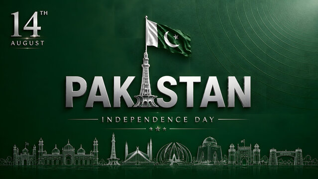 Celebrate Pakistan Independence Day (14 August) with this elegant luxury greeting card featuring a sparkling emerald green and gold crescent moon, decorative hanging ornaments with crescent and star


