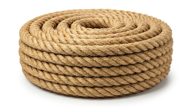 Coiled natural fiber rope on clean white background for nautical and industrial concepts