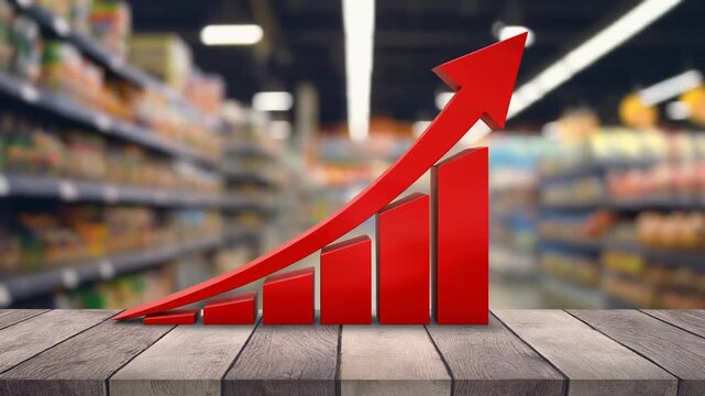 インフレで赤い立体グラフと鋭い上昇矢印がスーパーの通路を背景に物価高騰の強い衝撃を示す家計を圧迫する