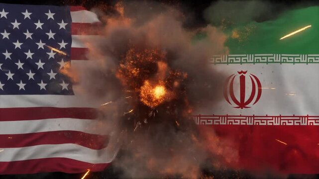 アメリカ国旗とイラン国旗が漆黒の空間で激突し接触点から巨大な閃光と爆炎や火花が四方へ飛び散る緊迫場面