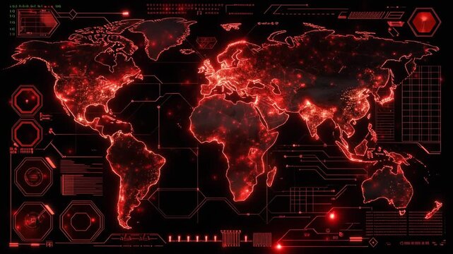 黒い背景に赤く輝く世界地図が浮かび六角形模様と電子回路や光点が世界規模の通信ネットワークを表す空間像
